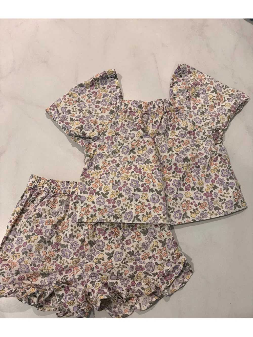 Floral Cotton Girls' Shorts Set in Cream with Purple & Orange Flowers